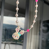 Pearl necklace with colorful handmade rabbit pendant