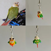 Collage of a real parrot and three beaded parrot charms on a gray background.