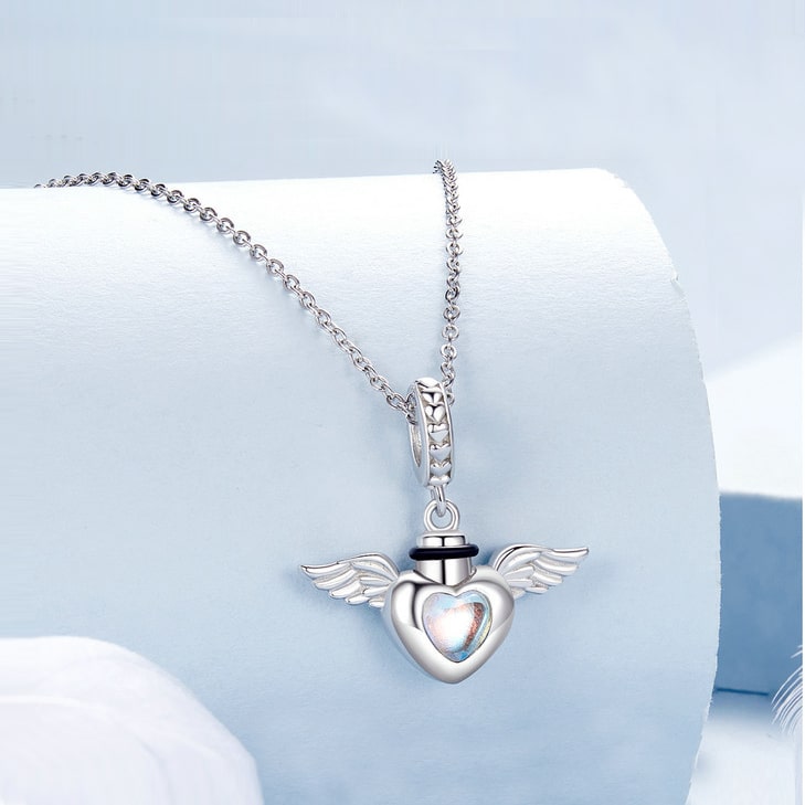 Angle Wings Heart  Urn Memorial Charm Necklace | Sterling Silver | Verhalo Jewelry