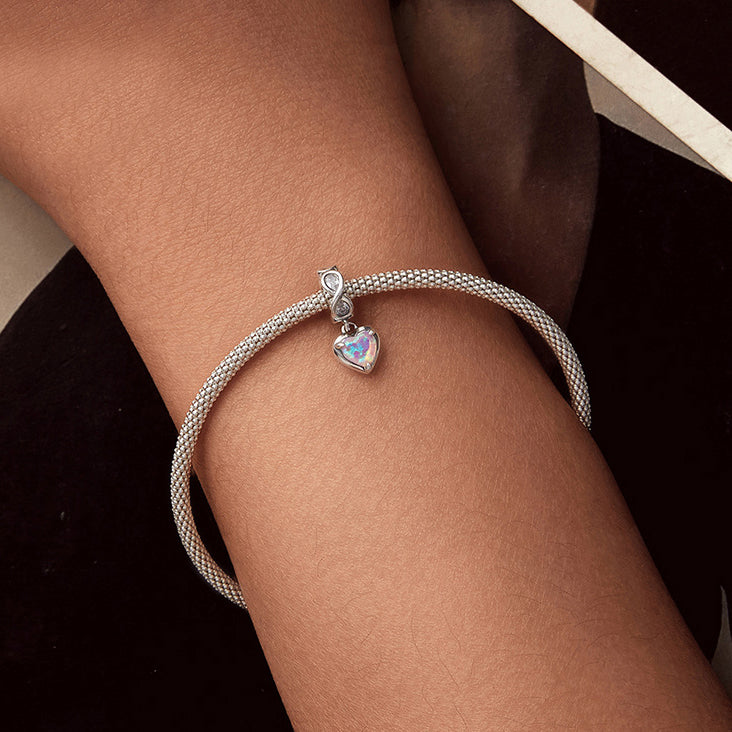 Opal Eternal Heart Dangle Charm Bracelet | Sterling Silver | Verhalo Jewelry