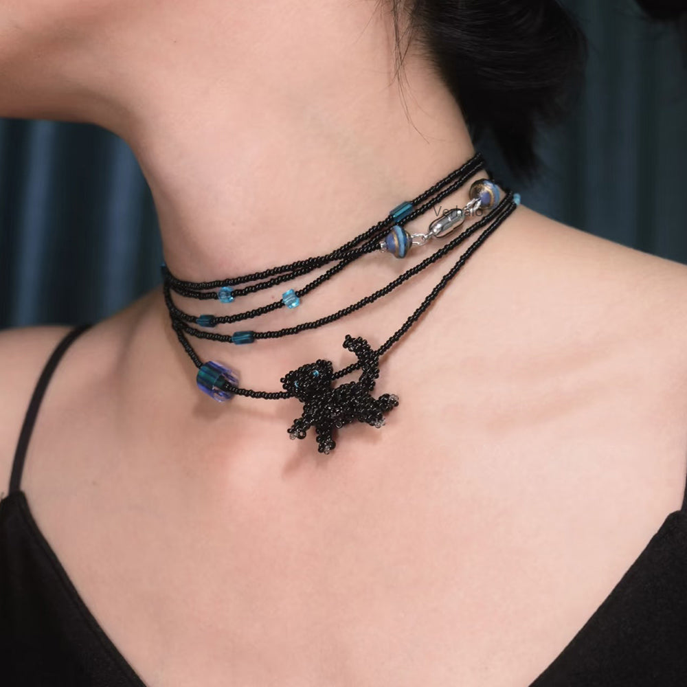 Handmade Black Cat Long Necklace for CatLovers丨Verhalo丨Custom Jewelry