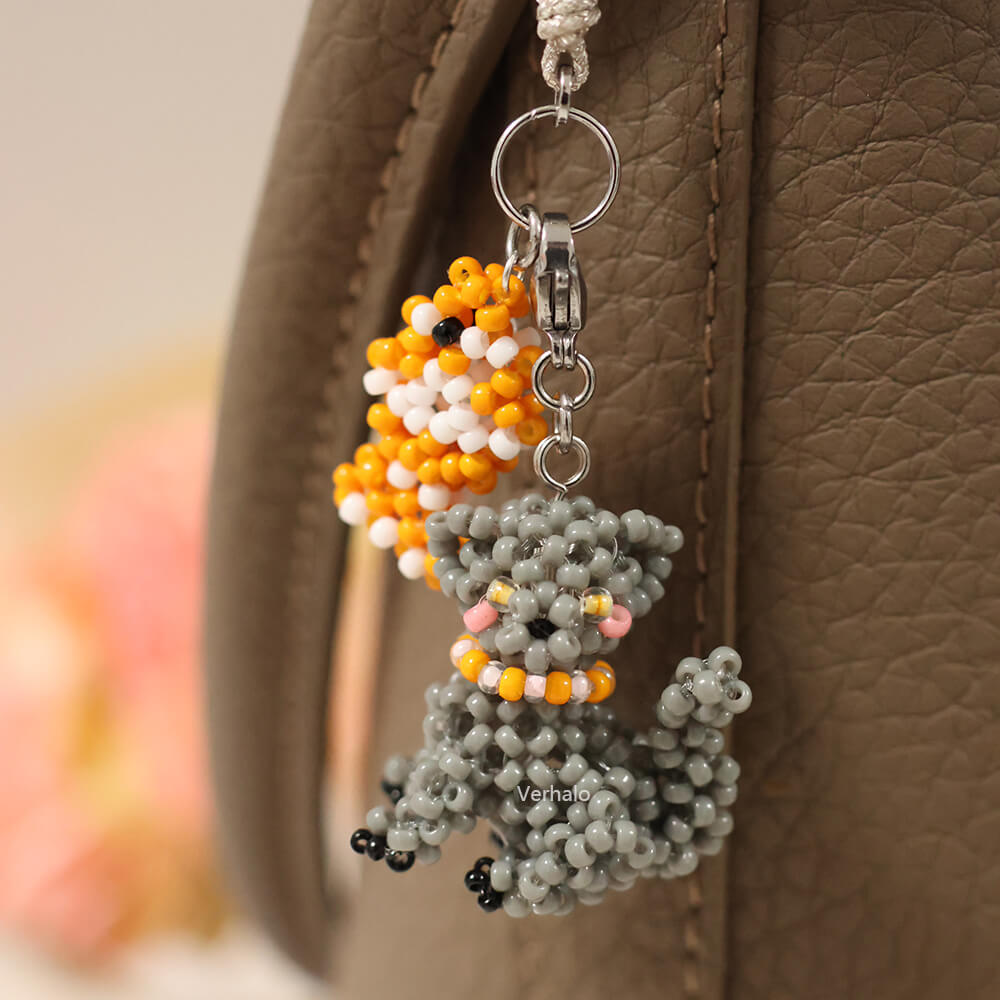 Beaded gray cat  charm with a little fish on a brown bag -  verhalo custom jewelry