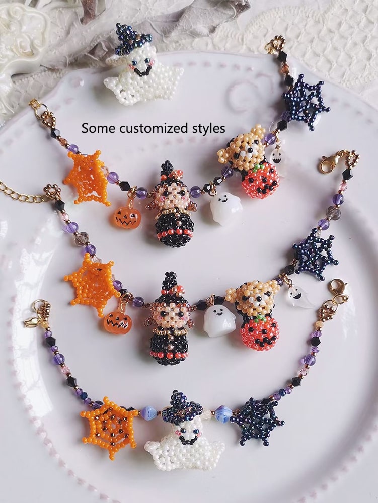 Halloween-themed beaded bracelets on a white plate with text 'Some customized styles'. - verhalo custom jewelry
