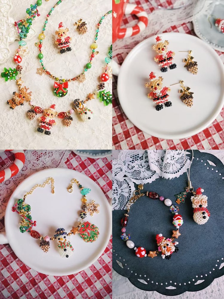 Collage of Christmas-themed jewelry including necklaces and earrings on a checkered tablecloth.