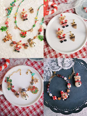 Collage of Christmas-themed jewelry including necklaces and earrings on a checkered tablecloth.