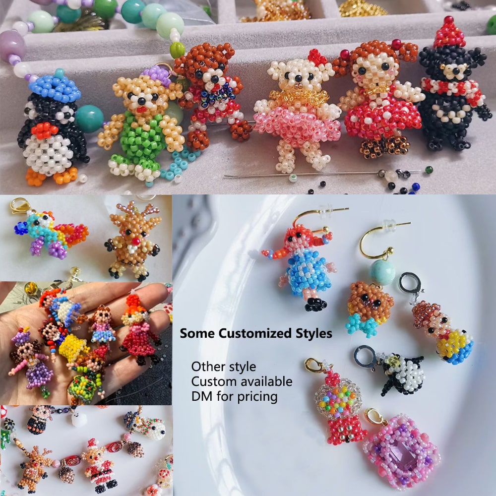 Collage of beaded animal figurines and earrings with customizable options. - verhalo custom jewelry