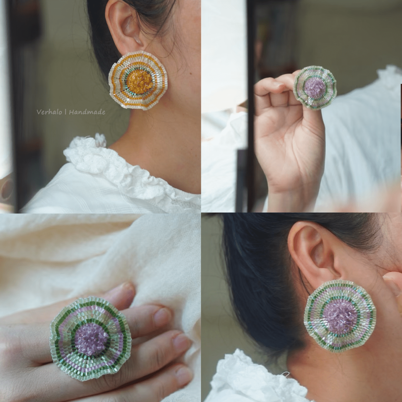 Collage of earrings being worn and held, with a focus on intricate designs.