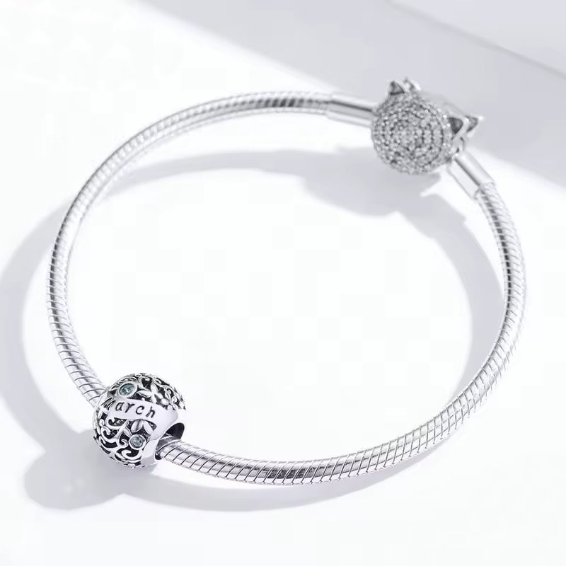 March Birthstone Charm Bracelet| Sterling Silver | Verhalo Jewelry
