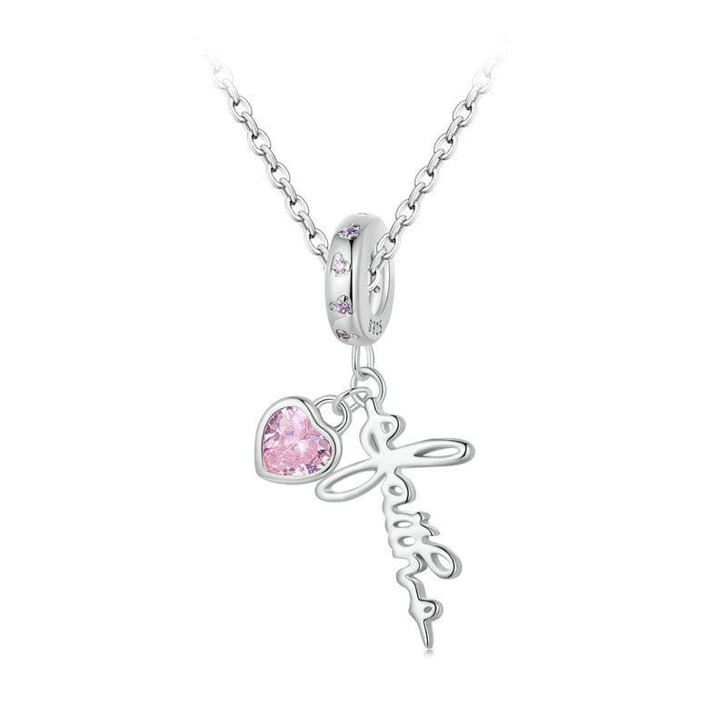Pink Heart Cross Charm Necklace | Sterling Silver | Verhalo Jewelry