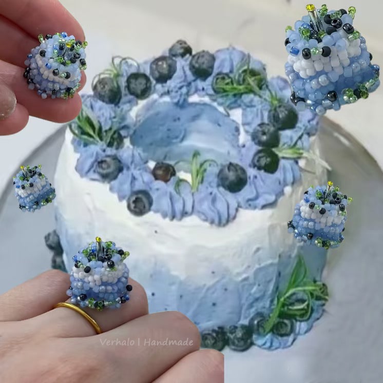 handmade cake ring from verhalo-Decorative earrings resembling a cake with blueberries and cream, held by hands.